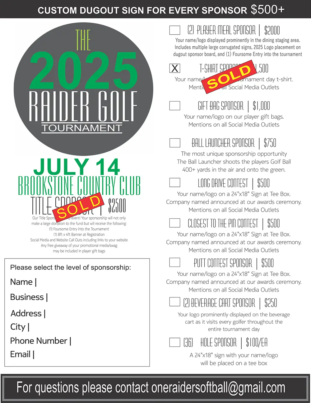 2025 Raider Golf Tournament Sponsor Form - East Paulding High School Softball