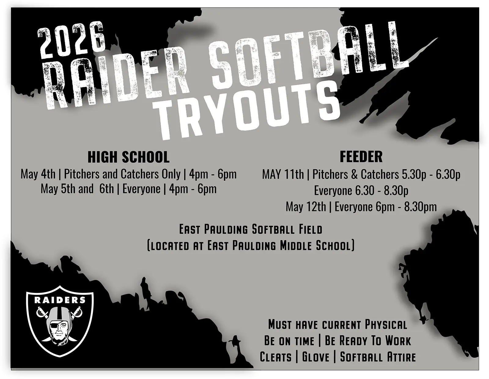 Join the 2026 Raider Softball tryouts at East Paulding! Check the dates for high school and feeder teams.